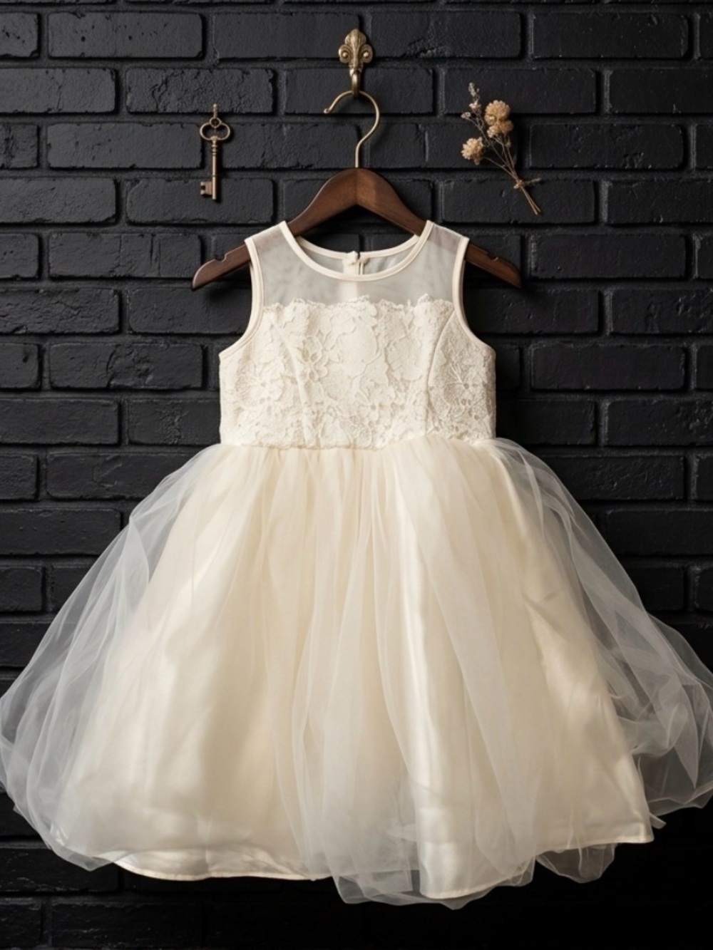 David's Bridal Ivory Lace Tulle Flower Girl Dress with Sheer Yoke